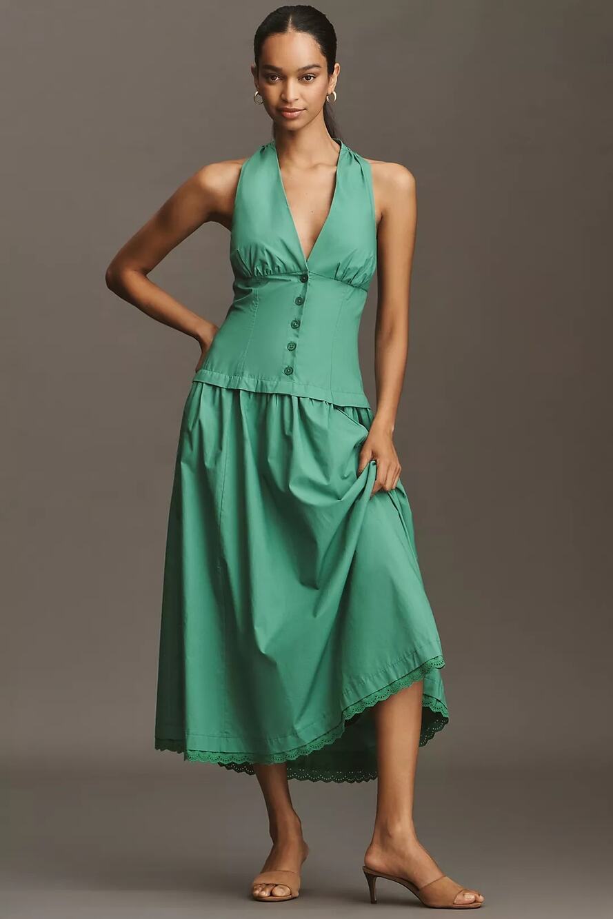 NWT Anthropologie Maeve Halter V-Neck Drop-Waist Midi Dress $178 LARGE Green